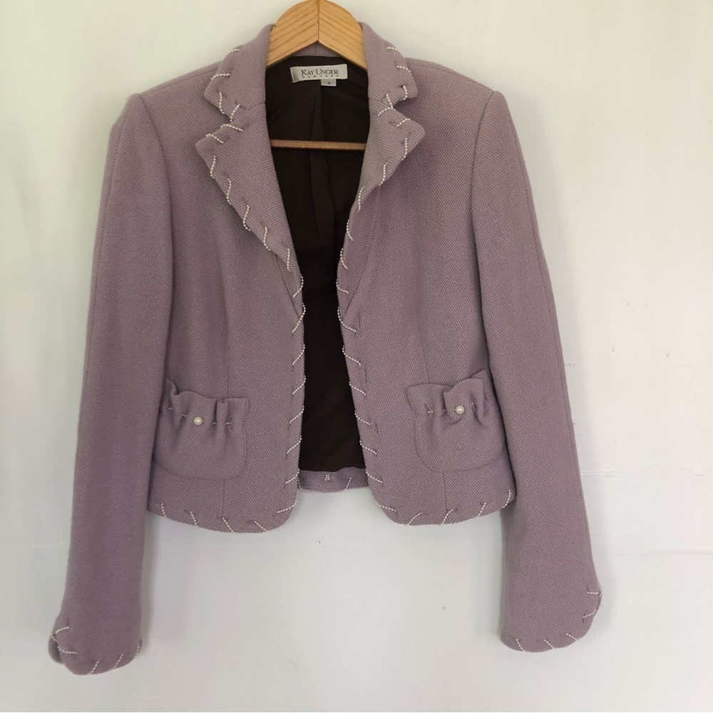 KAY UNGER Womens Light Purple Blazer Silk Wool Blend Beads Embroidered Hems Sz 4
